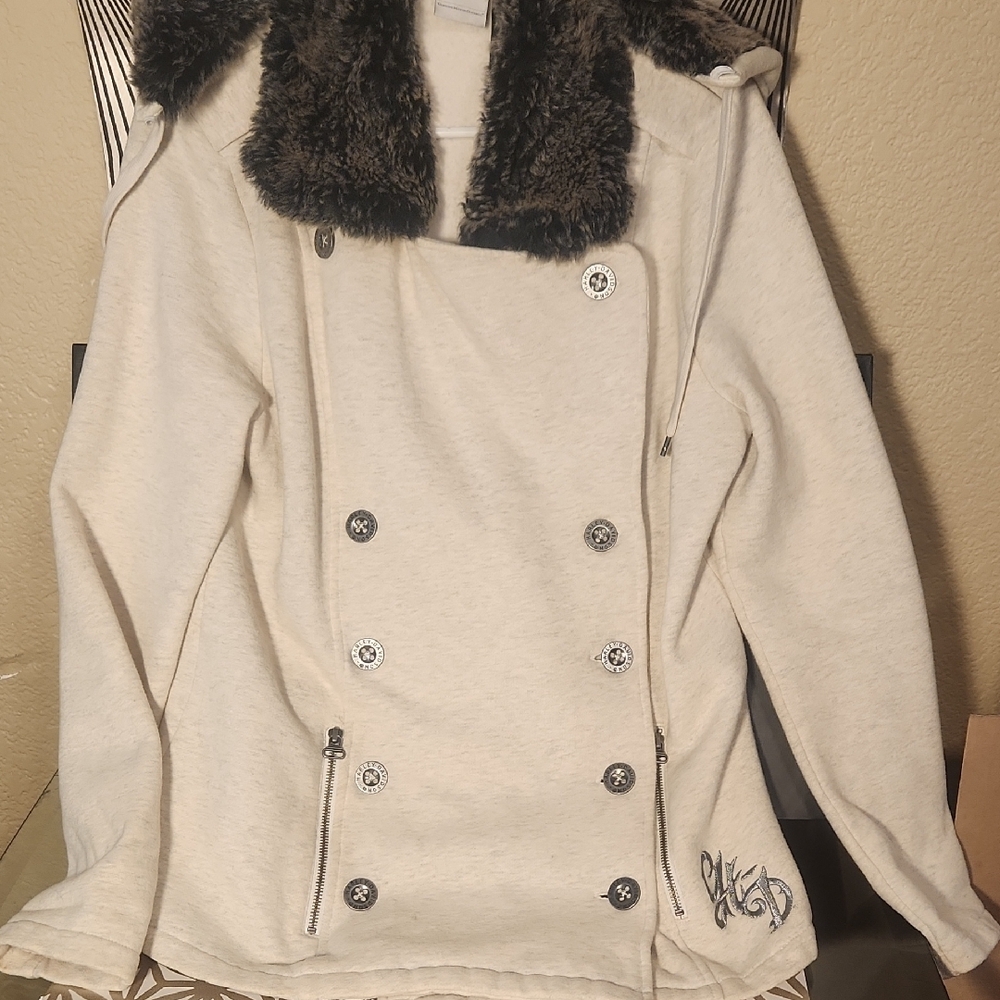 Harley-Davidson Gray Pea Coat with Fur Collar